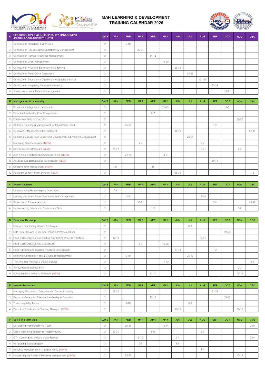 MAH Learning & Development | Calendar 2026