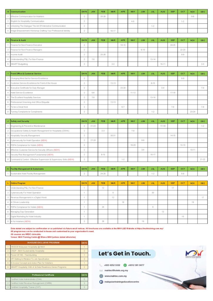 MAH Learning & Development | Calendar 2026